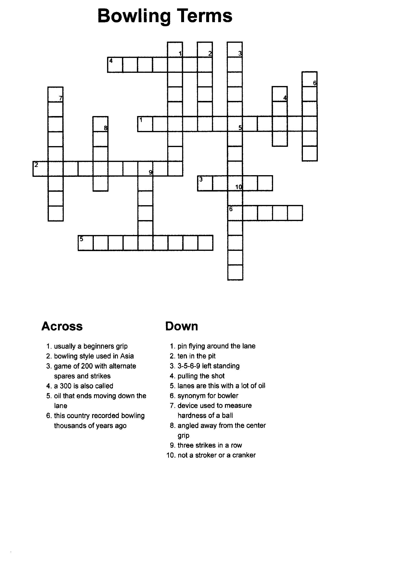 Bowling Crossword Puzzle